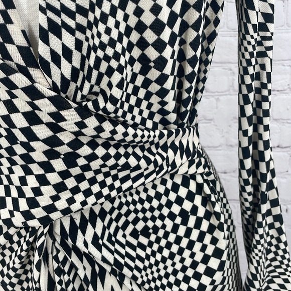 Zara Draped Black White Geometrical Checkered Retro Midi Long Sleeve Dress Small - Picture 8 of 13